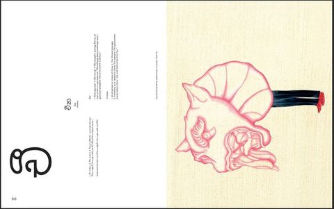 Pages of a book. Both pages are printed sideways so the book opens up instead of out. On the right page in this view, a Chinese dragon’s head is outlined and shaded in dark pink. Small in scale, a pair of legs wearing navy blue pants and red shoes stands underneath, as if wearing an oversized mask. The left page has text in English, Sinhala, and Tamil.