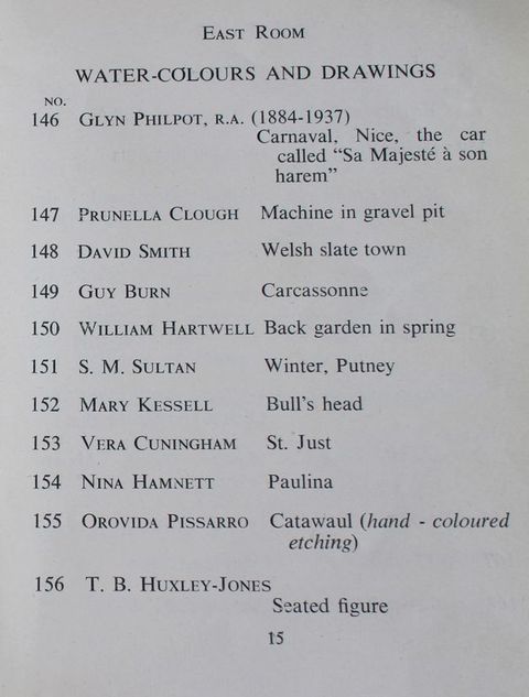 Page of a book. A list of “Water-Colours and Drawings” in a room of an exhibition lists eleven artists and works of art.