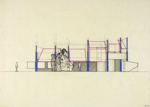 Drawing. An elevation shows angled walls or panels throughout gallery spaces. Near the left end, black outline drawings of three people span two storeys of the exhibition space.