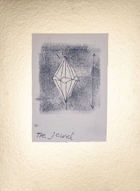 Print. A line drawing of a diamond shape, which is more like two faceted diamonds stacked flat top to flat top, against a textured, fuzzy-looking background. The monoprint has a double-sided arrow extending the height of the printed area to our right. The title is written below.