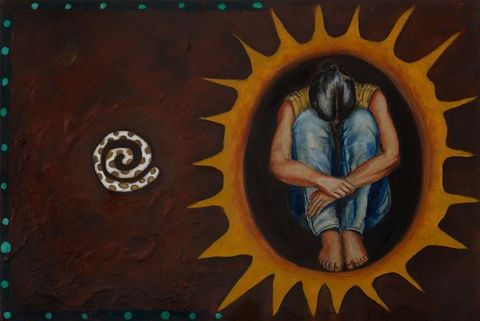 Painting and mixed media. Against a rust-red, texture background, a coiled form with brown spots against white is to our left. To our right, a woman sitting in a ball is surrounded by a spiky, golden-orange nimbus.