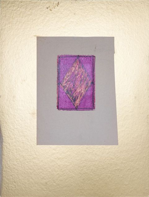 Print. A diamond streaked with peach and black is against a neon purple rectangle.