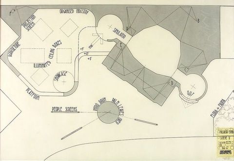 Floor plan. Areas in a room with curving walls are labelled “Agriculture”, “Projection Screen”, “Organized Industry”, “Illuminated Ceiling Boxes”, “Showcase”, and “Simulator”. Outside this space, “People Screens” and a disc is labelled beginning with an illegible word followed by “Drum Palm Leaves Over”.