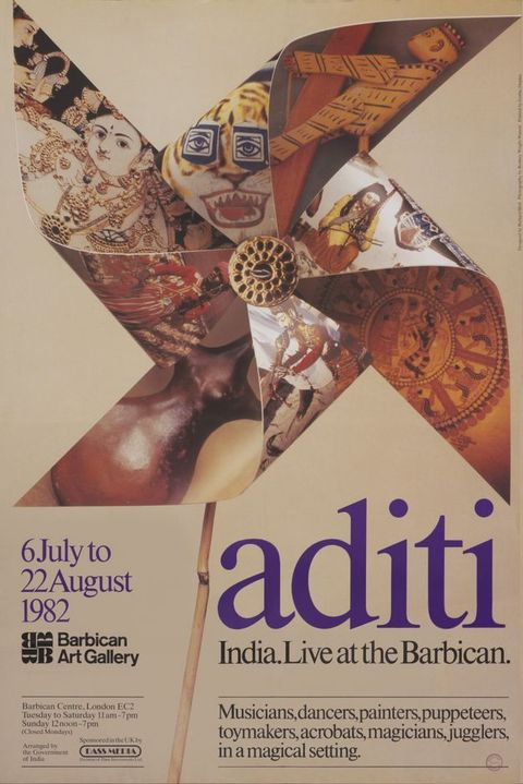 Poster. A pinwheel is printed with works of art on both sides so the images shift as the blades are folded forwards. The title, “Aditi” is in blue text followed by smaller type in black, which reads, “India. Live at the Barbican. Musicians, dancers, painters, puppeteers, toymakers, acrobats, magicians, jugglers, in a magical setting”. Exhibition dates and location are to our left.