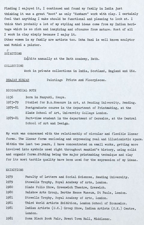 Typewritten document. Biographical notes, academic qualifications, an artist’s statement, and list of exhibitions for Bhajan Hunjan.