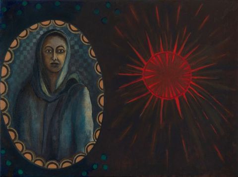 Painting and mixed media. A portrait of a medium-skinned woman is in an oval frame to our left, and a red shape like a sea urchin at the centre within an explosive starburst is to our right. Both are against a dark background.