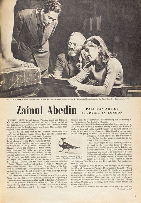 Magazine page. A black and white photograph above shows a bearded, white-haired, bespectacled man sitting next to a young woman who sketches, looking up at a sculpture. A third person bends over to look at her work. The first page of the article is below.