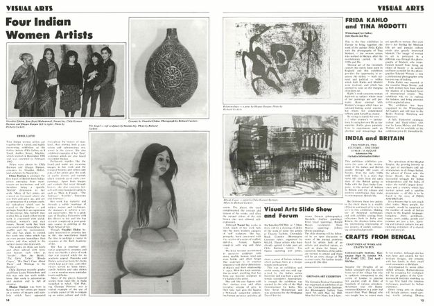 Newsletter. Two-page spread includes a black and white photograph of the four artists represented in the exhibition and four works of art. Two are prints, one is a ceramic, and one is labelled a “soft sculpture”.