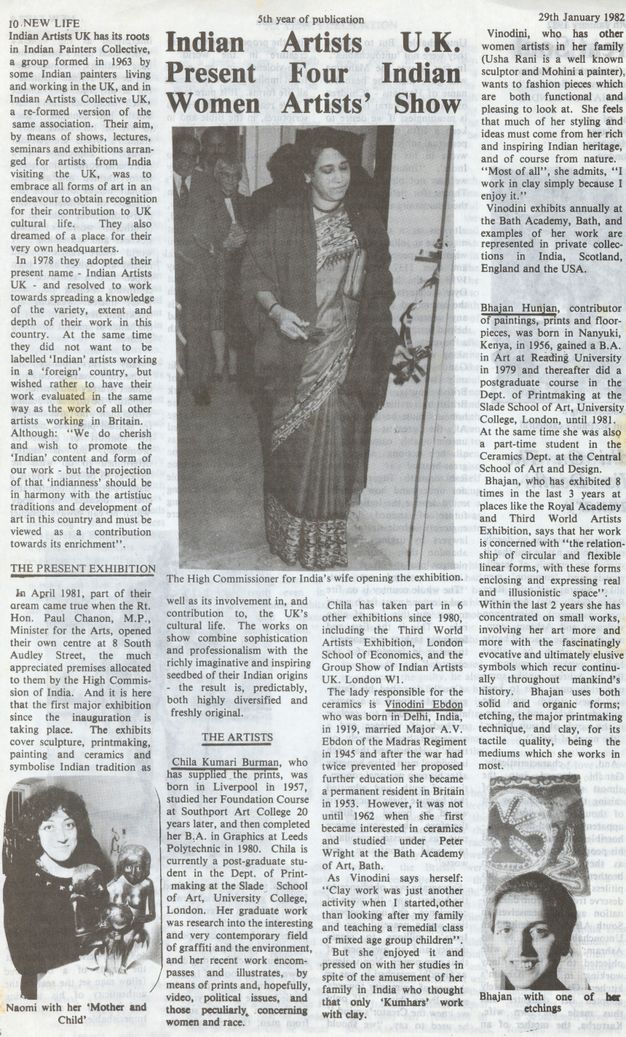 Newspaper clipping. Three black and white portraits accompany the four columns of this article.