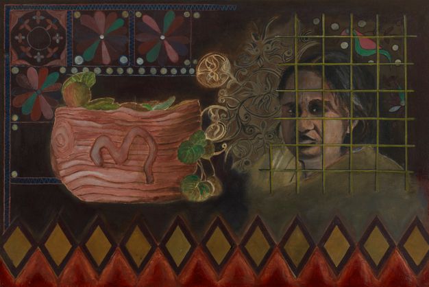 Painting and mixed media. Objects, a woman’s face, and patterns are layered in this horizontal composition. A basket perhaps containing leaves is to our left. To our right, the woman’s head is shown from the shoulders up behind a pea-green grid, like bars.