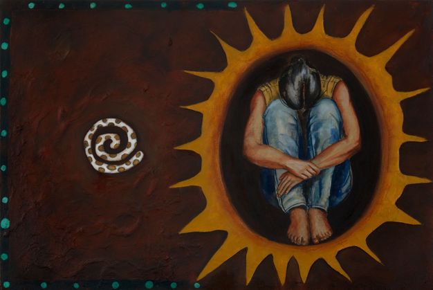 Painting and mixed media. Against a rust-red, texture background, a coiled form with brown spots against white is to our left. To our right, a woman sitting in a ball is surrounded by a spiky, golden-orange nimbus.