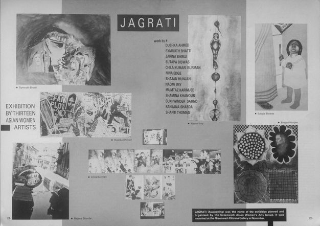 Magazine spread. Seven works of art are reproduced in black and white. A list of the thirteen artists included in the show partially overlaps one of the images.