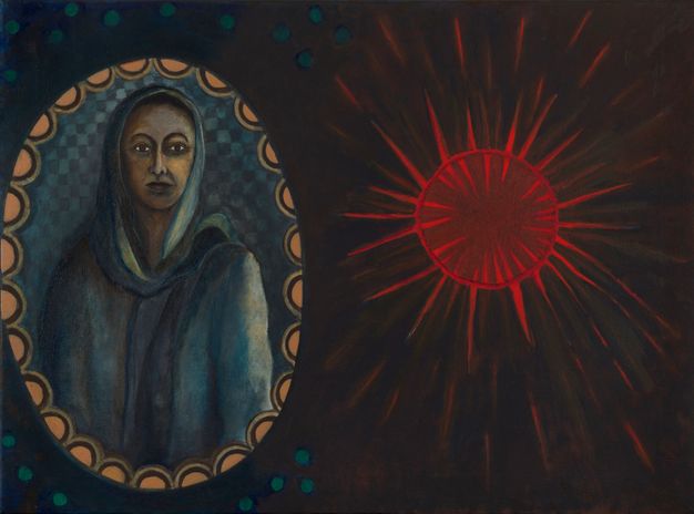 Painting and mixed media. A portrait of a medium-skinned woman is in an oval frame to our left, and a red shape like a sea urchin at the centre within an explosive starburst is to our right. Both are against a dark background.