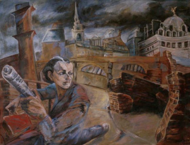 Painting. A woman moves away from a slightly distorted, stylized landscape. In the lower left quadrant, the woman turns to look back over her shoulder. She carries a red briefcase and a rolled-up newspaper. The buildings and structures of the cityscape swim behind her under a blackened sky.