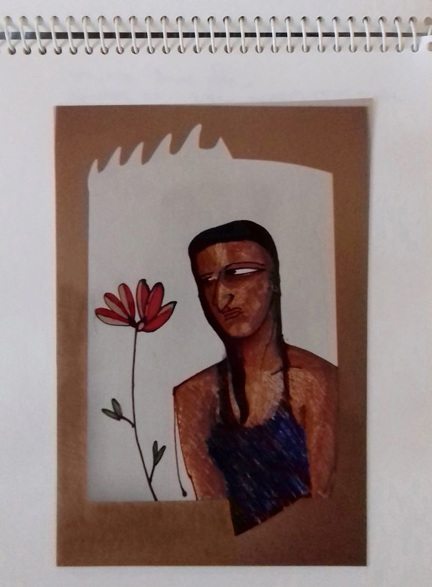 Drawing and collage. A brown-skinned woman looks out the corners of slitted eyes at a red flower. Both are drawn on white paper. A brown piece of paper has been cut to create a frame that is jagged in the upper left, like cartoonish teeth.