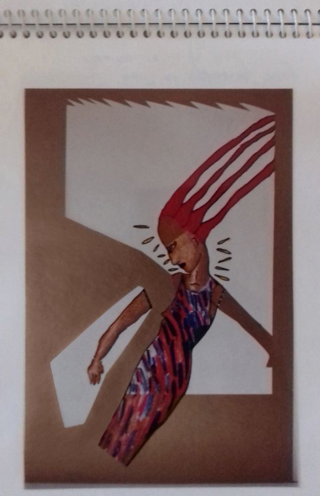 Drawing and collage. A brown-skinned woman is angled from the bottom left corner up towards the top right, and locks of her long red hair extend off that upper corner. Slivers hover over her shoulders against the white paper background. Brown paper has been cut like a frame, but one protrusion from the lower left encases that arm.