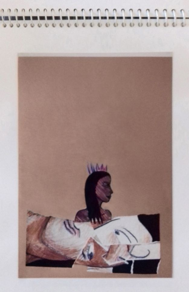 Drawing and collage. The head and shoulders of a dark-skinned woman rest atop a drawing of at least one person that has been cut up and collaged below. The woman and a pink and purple crown she wears are drawn on brown paper.