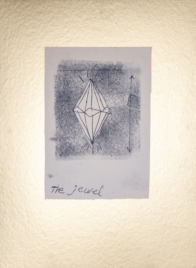 Print. A line drawing of a diamond shape, which is more like two faceted diamonds stacked flat top to flat top, against a textured, fuzzy-looking background. The monoprint has a double-sided arrow extending the height of the printed area to our right. The title is written below.
