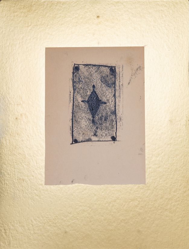 Print. A diamond shape with protrusions at each corner is against a textured, mottled background in this monoprint. An irregular rectangle roughly frames the printed area.