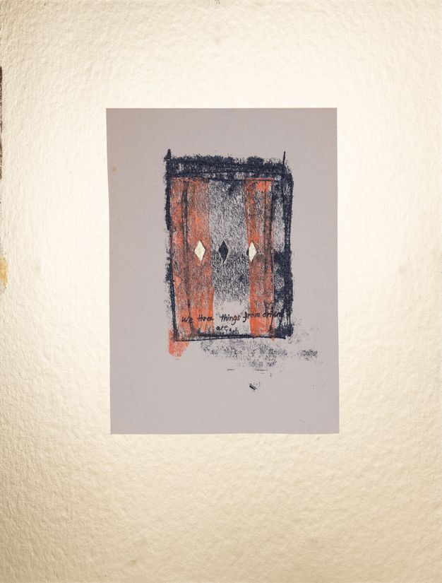 Print. A rectangle is striped vertically with bright orange and mottled black or grey. Three silhouettes of diamonds, the centre one black and the flanking shapes gold, are spaced across the middle of the rectangle. The title is written along the bottom edge of the printed area.