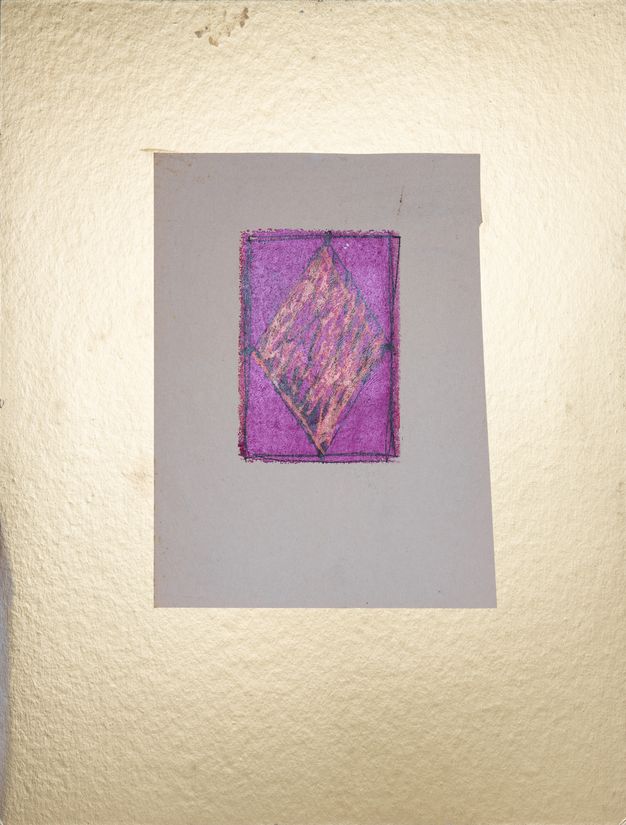 Print. A diamond streaked with peach and black is against a neon purple rectangle.