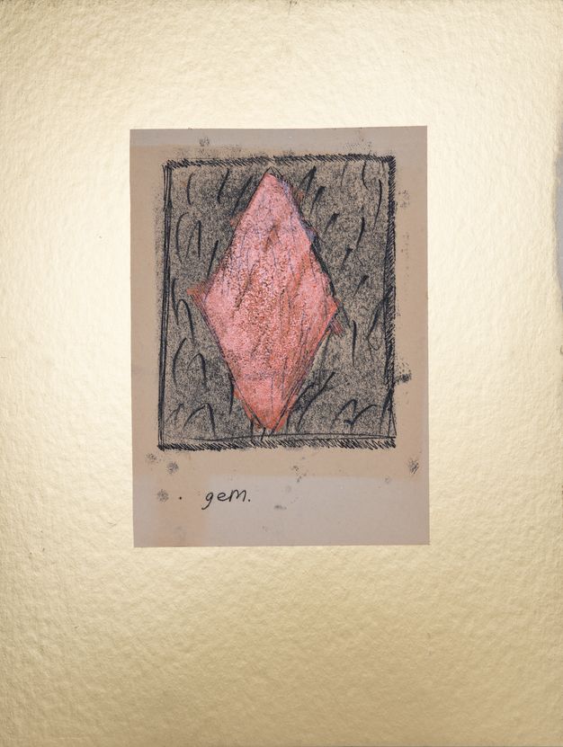 Print. A carnation-pink diamond is against a rectangle of grey with black scribbles. The title is below.