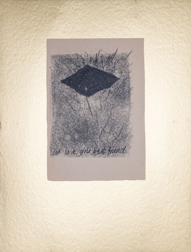 Print. A sideways black diamond is near the top of a mottled grey rectangle. The title is written along the bottom edge of the printed area.