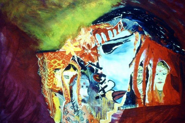 Collage and mixed media. Slivers of the stylized faces of women and the blue face of Krishna are layered within a background of hazy lime green, reddish violet, dark red, and navy blue.