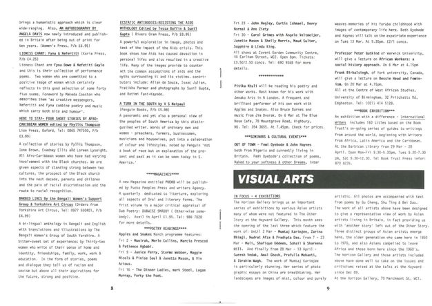 Magazine spread. These two pages have four columns of text. The exhibition is listed under a banner reading “Visual Arts” about halfway down the right hand page.