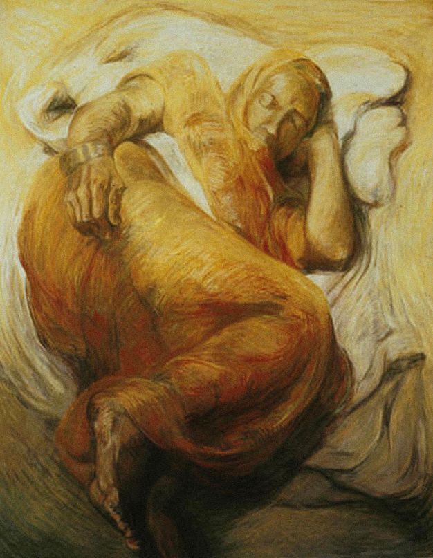 Painting. From near her feet, we look down onto a woman sleeping with one hand by her cheek, the other resting along her hip. Her body and head are covered in marigold-orange cloth, and she lies on white sheets or blankets.