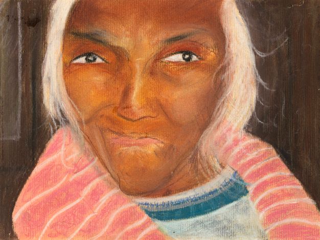 Pastel. The face of a dark-skinned, narrow-chinned woman fills this composition. Her white hair falls down each side of her face alongside high cheekbones. Black eyes look at us or just off to our right, and her lips are pressed together.