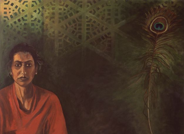 Painting. A dark-skinned woman looks out at us with black eyes from our left of this horizontal composition. A peacock feather, large in scale, rises as her counterpart on the right half. The background is geometrically patterned with a pierced screen or wallpaper across the top before fading into a murky brown across the bottom.