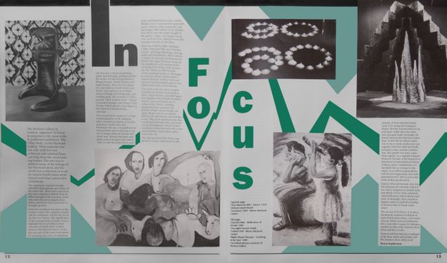 Pages of a publication. Five works of art are reproduced in black and white among blocks of text. Zigzagging green lines cut across the centre of the page like a bolt of lightning. Seafoam-green rectangles jut up from the bottom and top edges, behind the images and text.