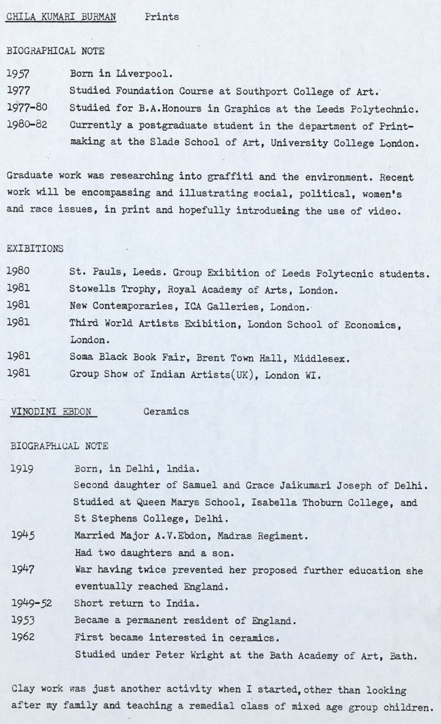 Typewritten document. Works of art are organized under four artists, Chila Kuman Burman, Vinodini Ebdon, Bajan Hunjan, and Naomi Iny. Iny has the fewest works with six, and Ebdon has the most with twenty-nine.