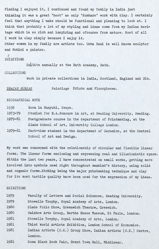 Typewritten document. Biographical notes, academic qualifications, an artist’s statement, and list of exhibitions for Bhajan Hunjan.