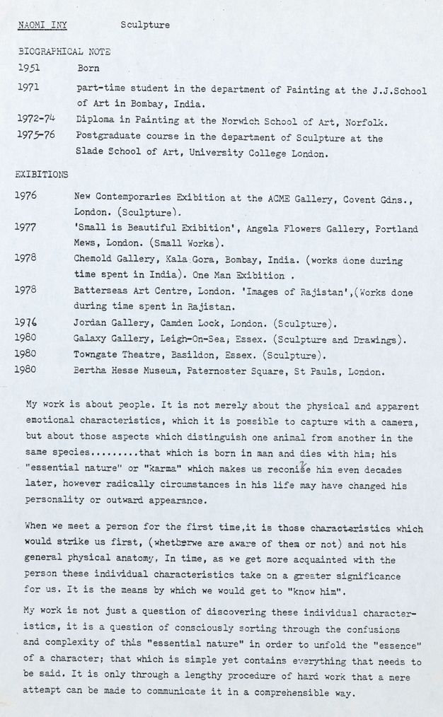 Typewritten document. Biographical notes, academic qualifications, a list of exhibitions, and an artist’s statement for Naomi Iny, though her name does not appear on our view of this document.