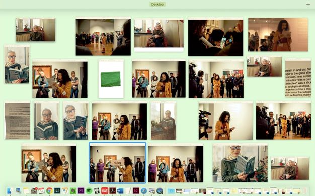 Screenshot. A computer desktop is filled with twenty-four images of a woman holding a magnifying glass as she reads from a piece of paper in galleries, an older, grey-haired woman posed reading or smiling at the camera, two pieces of text, and green square, perhaps a work of art.