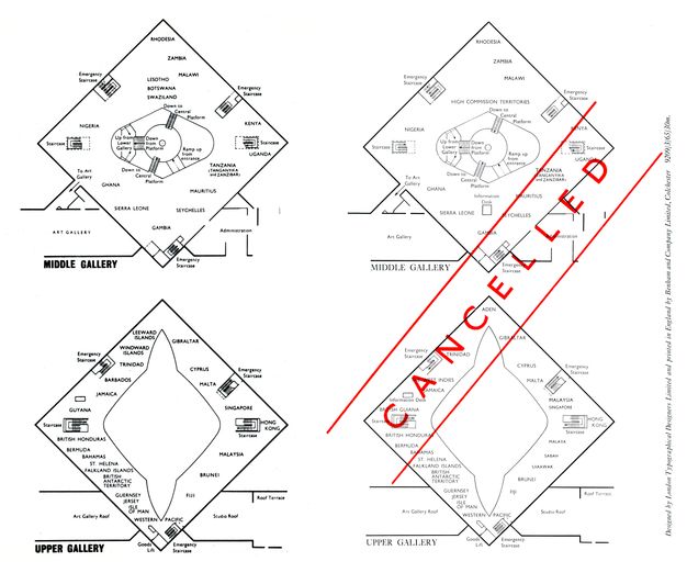 Illustration. Two maps show two levels of exhibition space. The top image of both pairs is labelled “Middle Gallery”, and the lower of the pair “Upper Gallery”. The pair of floor plans to our right has a banner with red text reading “Cancelled” in all caps.