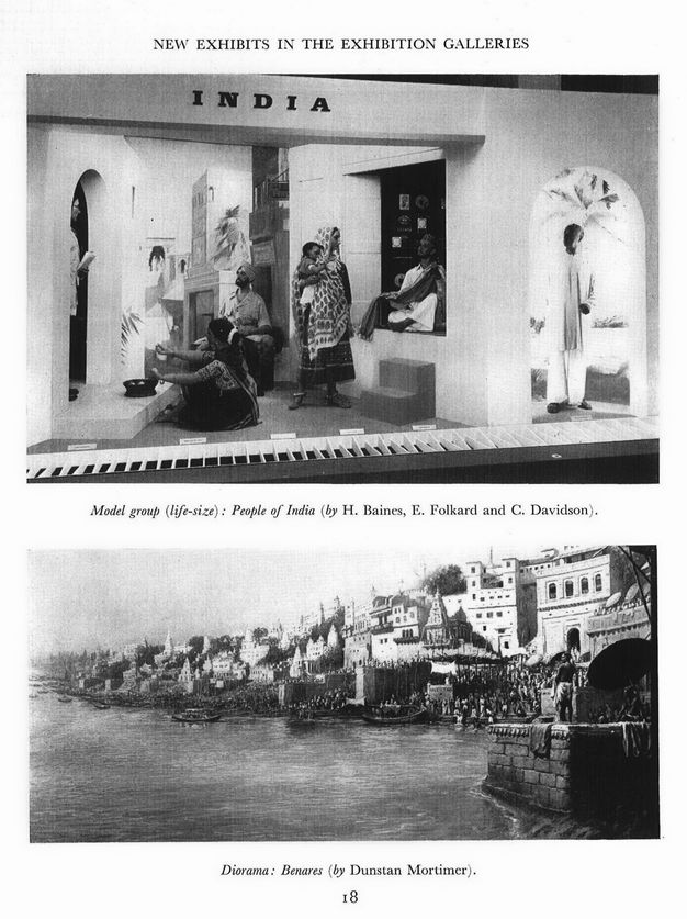 Illustrations. Two black and white photographs show a display of life-sized people under a sign reading “India”, and a diorama of a waterside town below.
