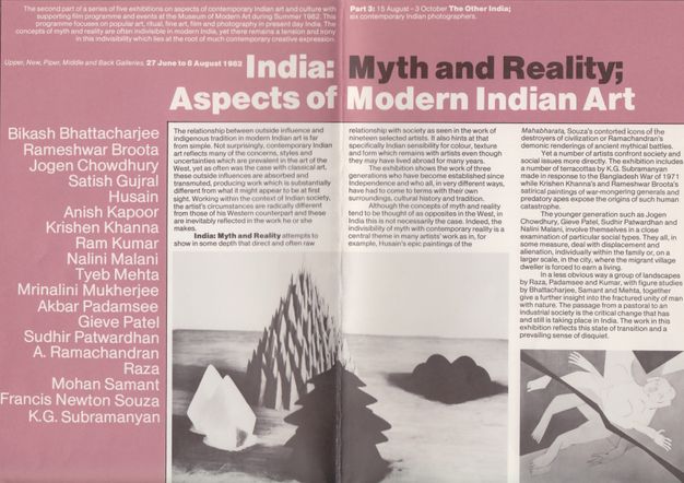 Newsletter spread. Two black and white illustrations are surrounded by black text. A wide margin across the top of the spread and down the left side is rose pink. The title is across the top, and down the left side artists’ names are printed in white.