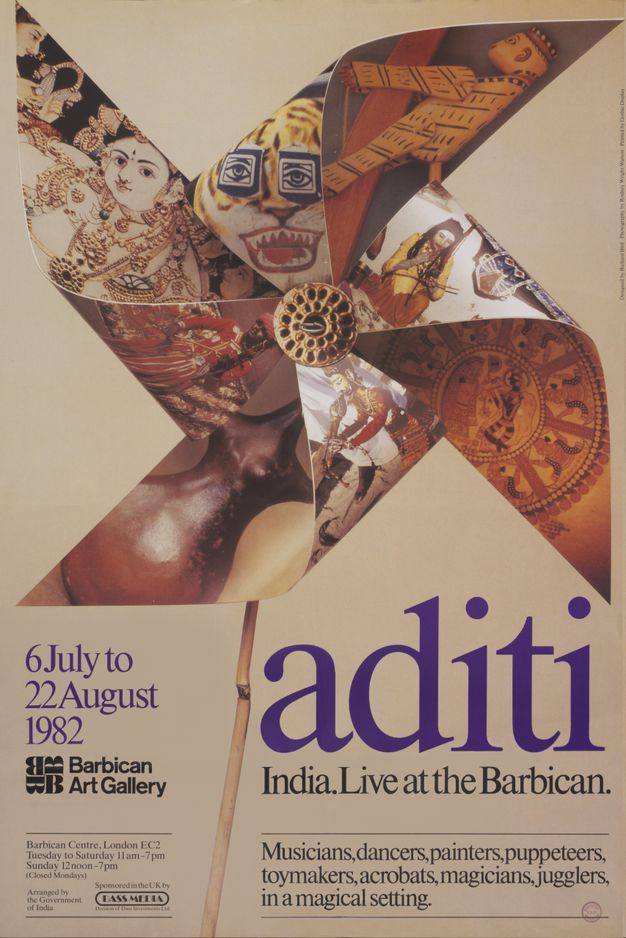 Poster. A pinwheel is printed with works of art on both sides so the images shift as the blades are folded forwards. The title, “Aditi” is in blue text followed by smaller type in black, which reads, “India. Live at the Barbican. Musicians, dancers, painters, puppeteers, toymakers, acrobats, magicians, jugglers, in a magical setting”. Exhibition dates and location are to our left.