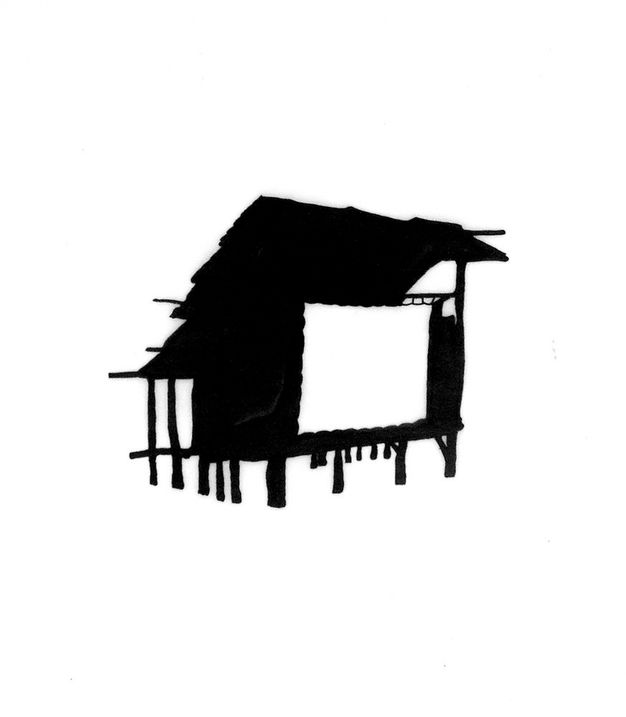 Drawing. A black silhouette of a structure with a flat face on which a projector screen hangs.