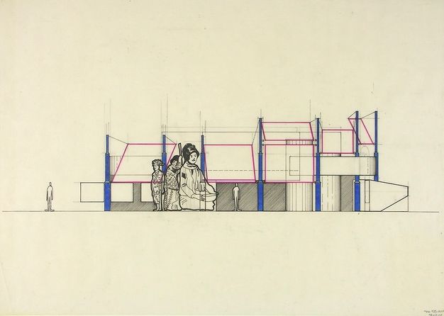 Drawing. An elevation shows angled walls or panels throughout gallery spaces. Near the left end, black outline drawings of three people span two storeys of the exhibition space.