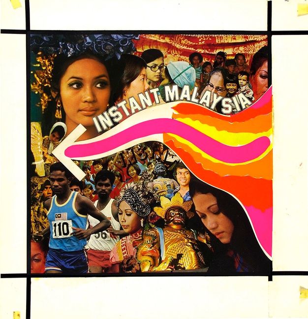Collage. The tail of a white arrow facing our left flares open to broad swaths of vivid yellow, orange, red, and pink that extend off the right edge of the composition. The square area around it is filled with collaged pictures mostly of people along with one statue and a bit of cloth.