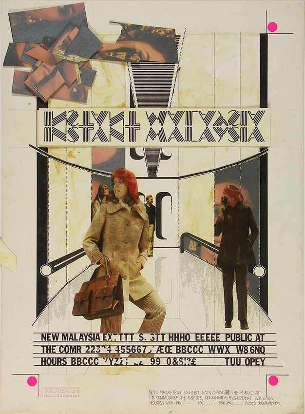 Poster. Collaged design of three people standing in a drawn exhibition space.