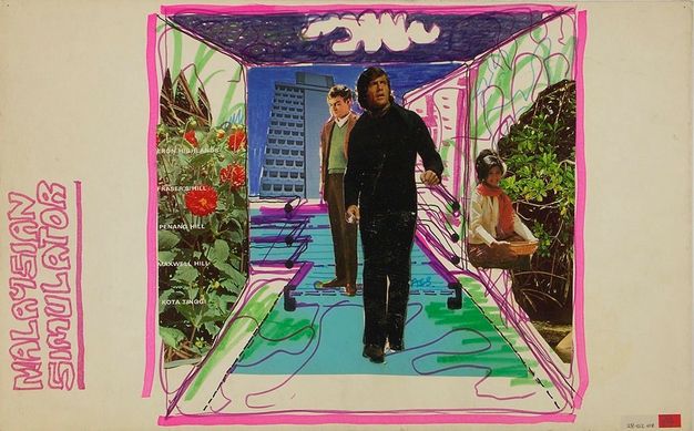 Drawing. Three walls are collaged with landscapes and two collaged people walk towards us within a square sketch otherwise drawn with fluorescent pink, green, and purple markers and pens.