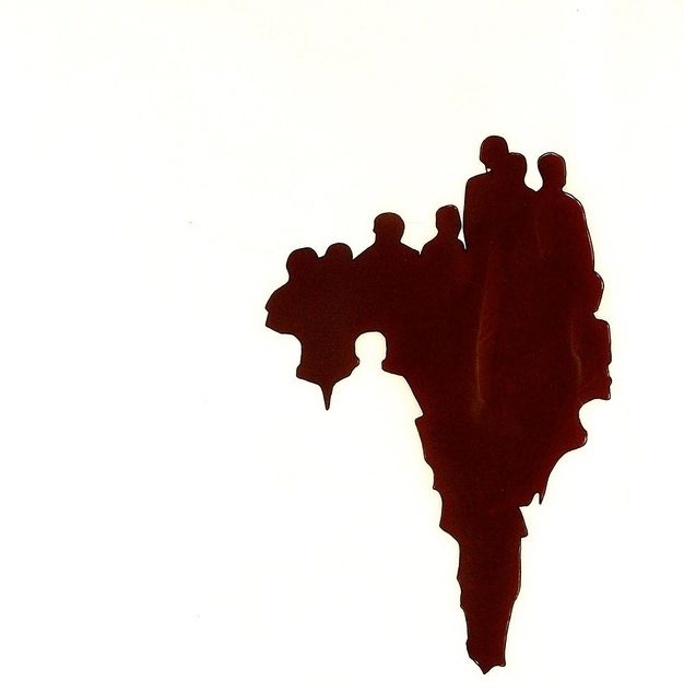 Drawing. A roughly triangular dark form balances on a narrow angle at the bottom, and flattens out across the top. The silhouetted heads and bodies bubble up from the top of the dark form, while the narrower bottom creates a reverse silhouette of others.