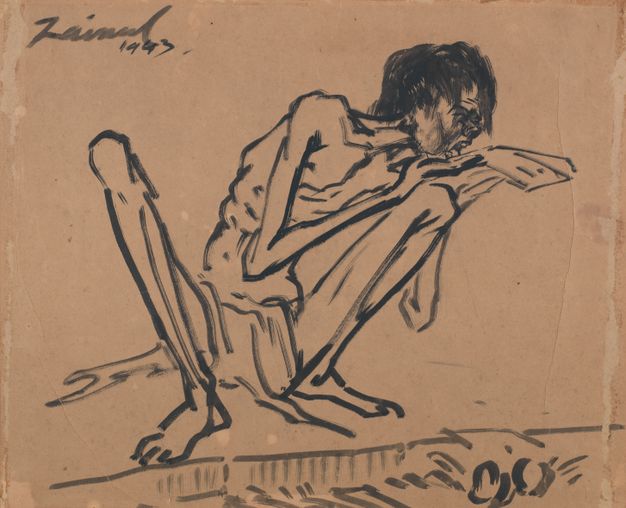 Drawing. An emaciated man is sketched in bold black lines. His bony knees make a wide V as he squats, licking something off a wrapper.