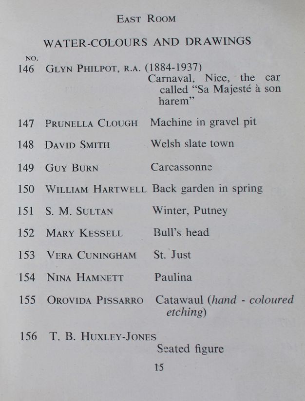 Page of a book. A list of “Water-Colours and Drawings” in a room of an exhibition lists eleven artists and works of art.