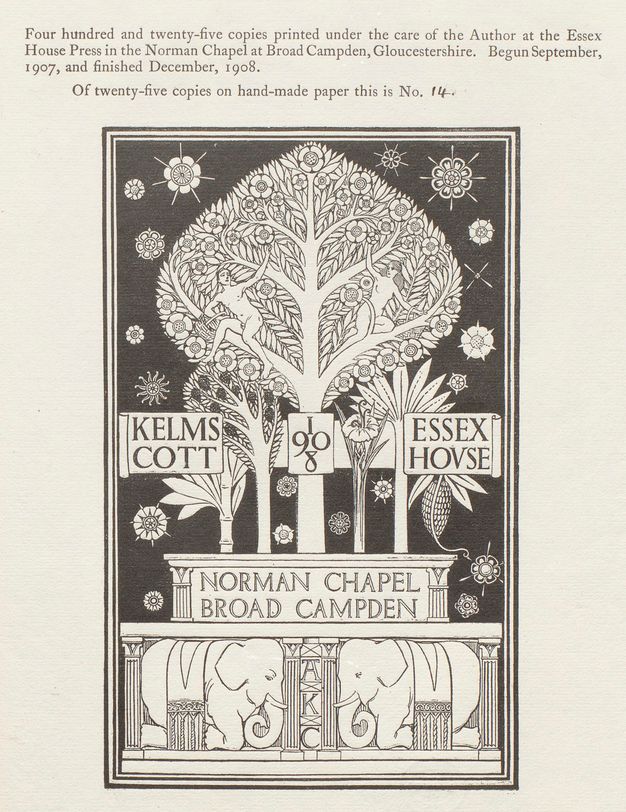 Print. A publisher’s stamp with two people in a stylized tree, which stands on platforms held up on columns. Elephants kneeling below are also flanked by columns. Geometric flowers surround the tree against a black background.